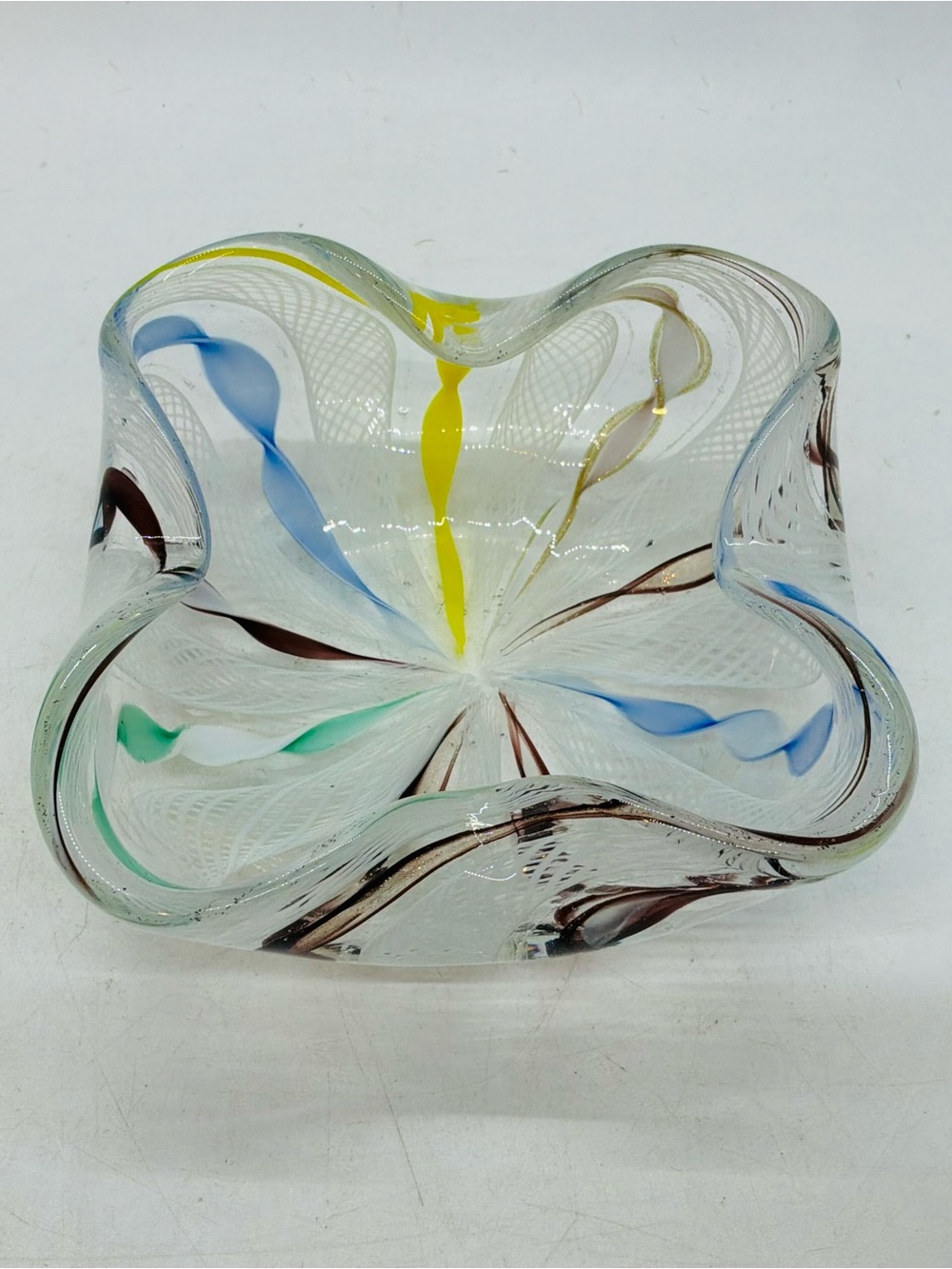 VTG Murano Latticino Pastel Ribbons Art Glass Square Trinket Dish Folded Edges